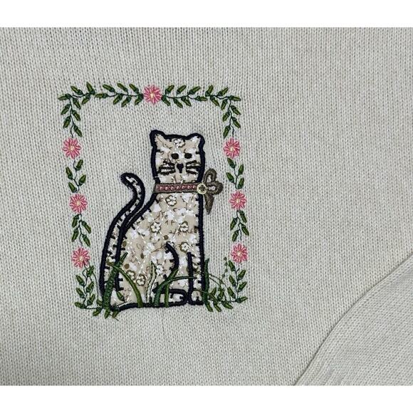 Christopher & Banks Sweate XL Hand Embroidered Cat Kitty Flowers Cottage Grandma - Picture 2 of 11